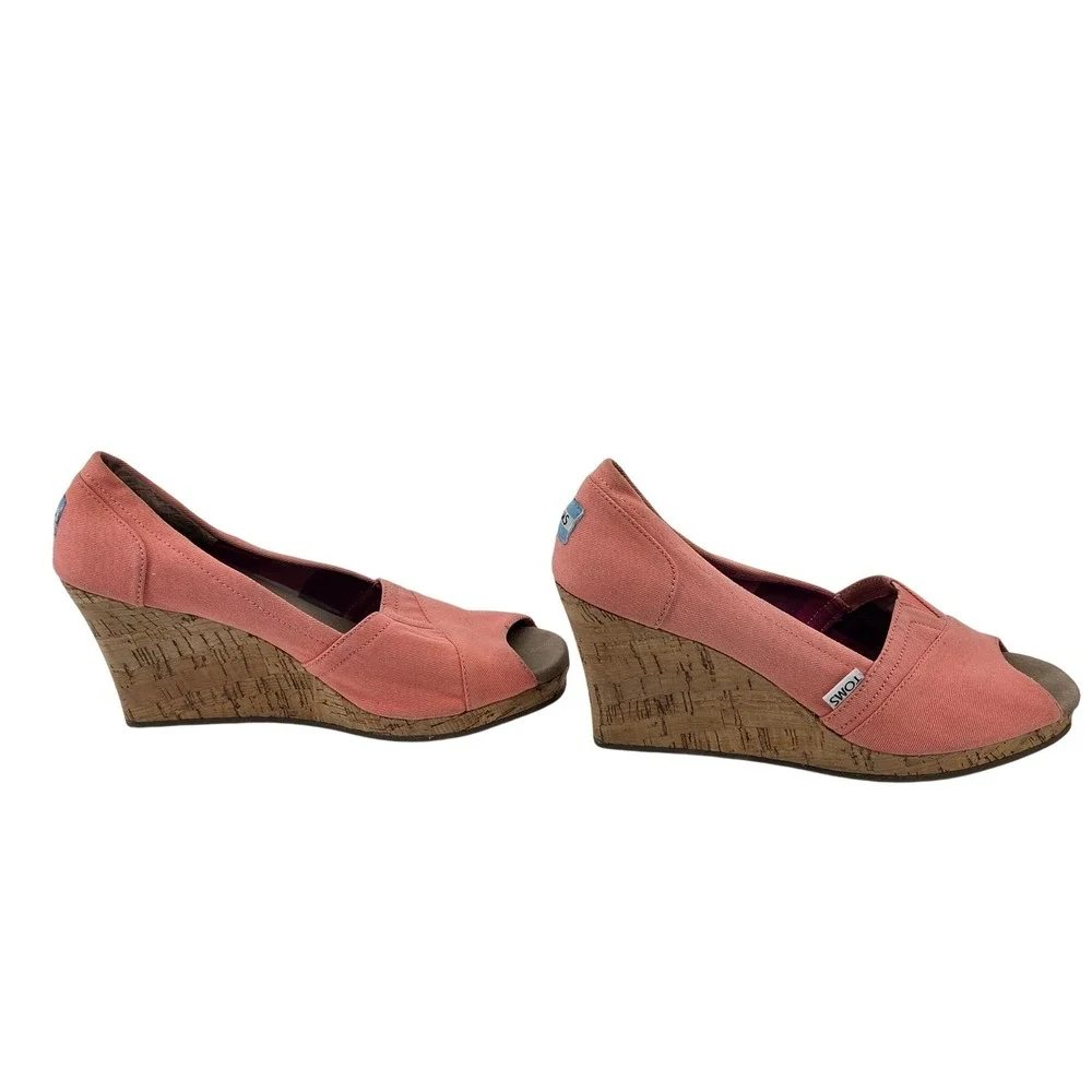 TOMS Coral Pink Canvas‎ Peep Toe 3 inch Wedge Espadrilles Shoes Womens 8.5
